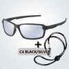 Black and silver polarized sports sunglasses with a black strap shown against a light gray background