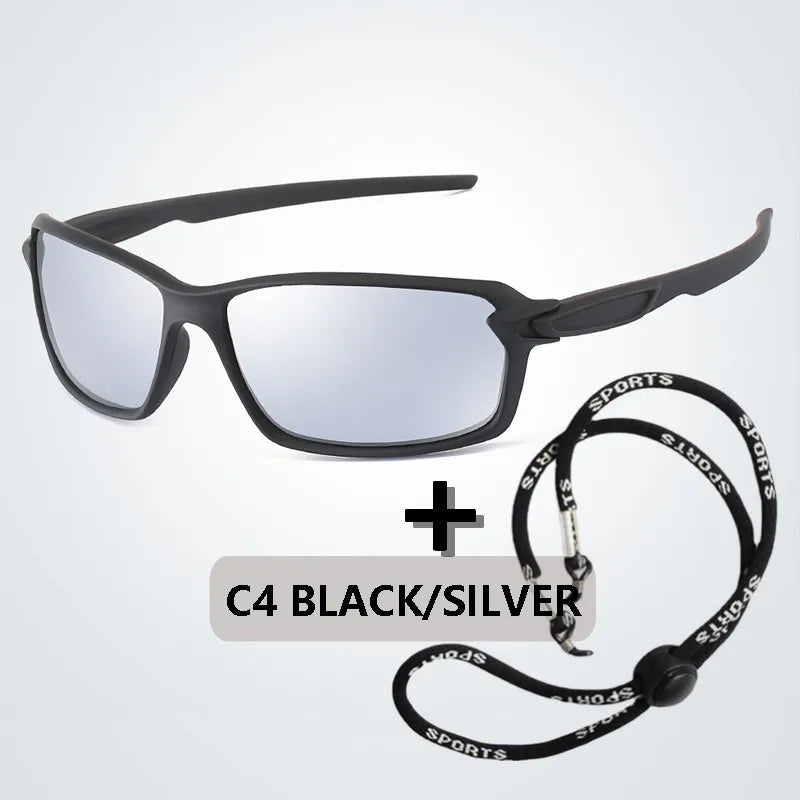 Black and silver polarized sports sunglasses with a black strap shown against a light gray background