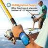 A hand is using a yellow fishing rod to hold a blue phone wrist strap, demonstrating 360° rotation for fitness.