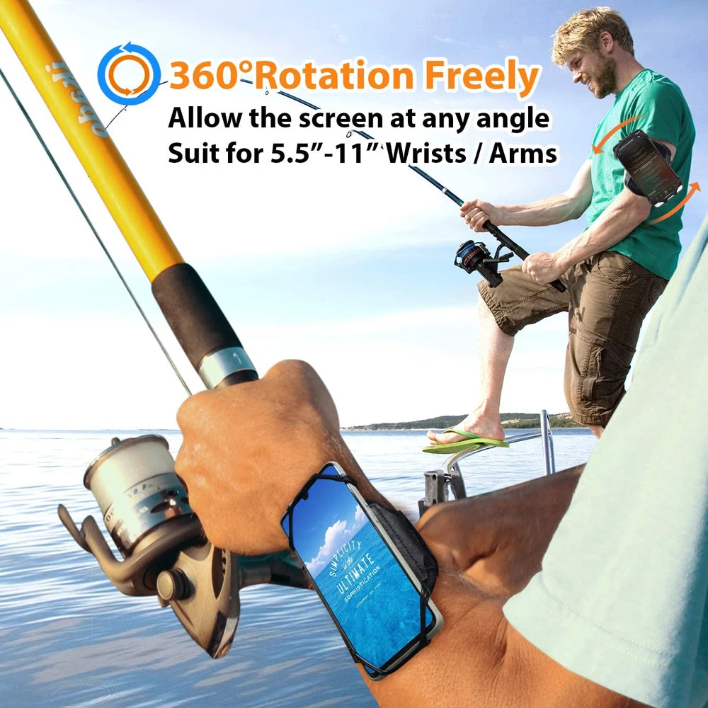 A hand is using a yellow fishing rod to hold a blue phone wrist strap, demonstrating 360° rotation for fitness.