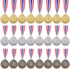 A set of gold, silver, and bronze award medals with ribbons, each featuring the number one through three.