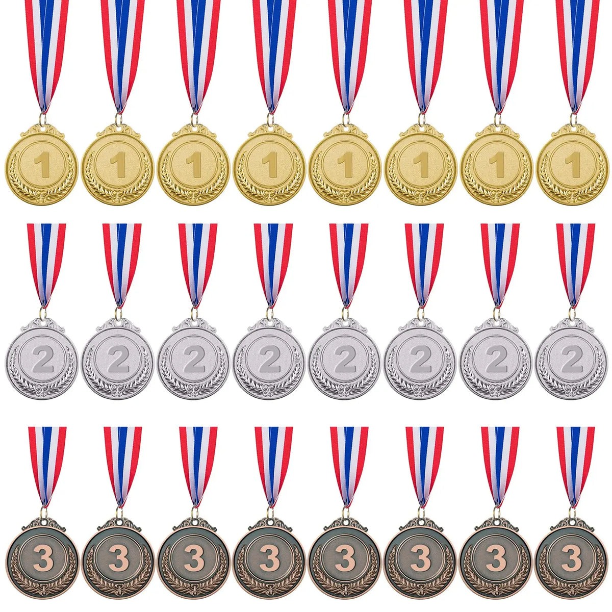 A set of gold, silver, and bronze award medals with ribbons, each featuring the number one through three.