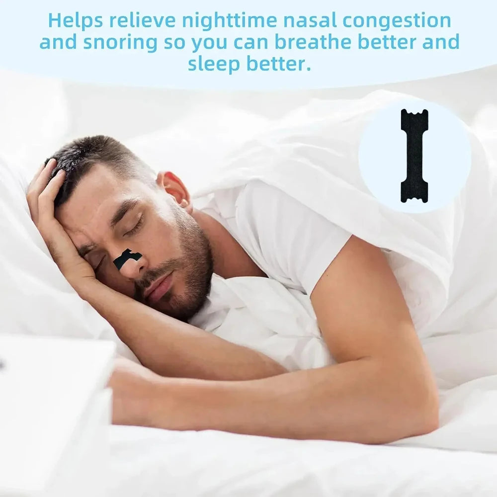 A man sleeping comfortably with nasal strips applied to his nose, suggesting relief for snoring and congestion.