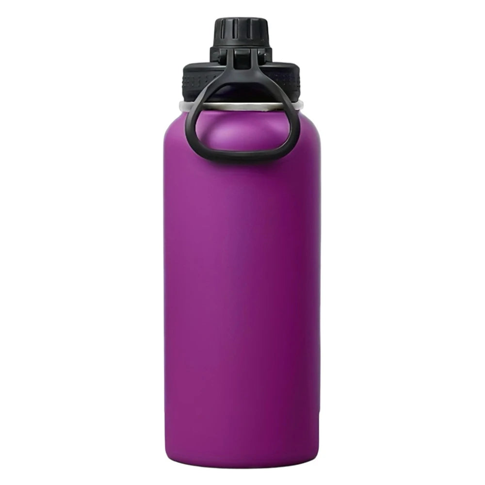 A purple insulated stainless steel vacuum water bottle with a black cap and loop.