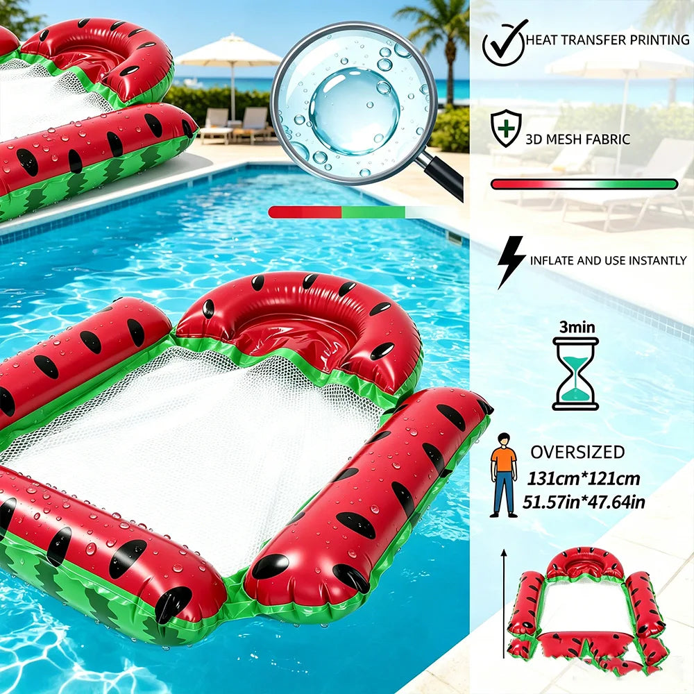 Red and green inflatable pool float lounger with a mesh interior, shown next to a magnifying glass and instructions.