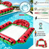 Red and green inflatable pool float lounger with a mesh interior, shown next to a magnifying glass and instructions.