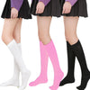 Tres pares de medias de cuello alto a la pierna rayadas en blanco, rosa y negro.