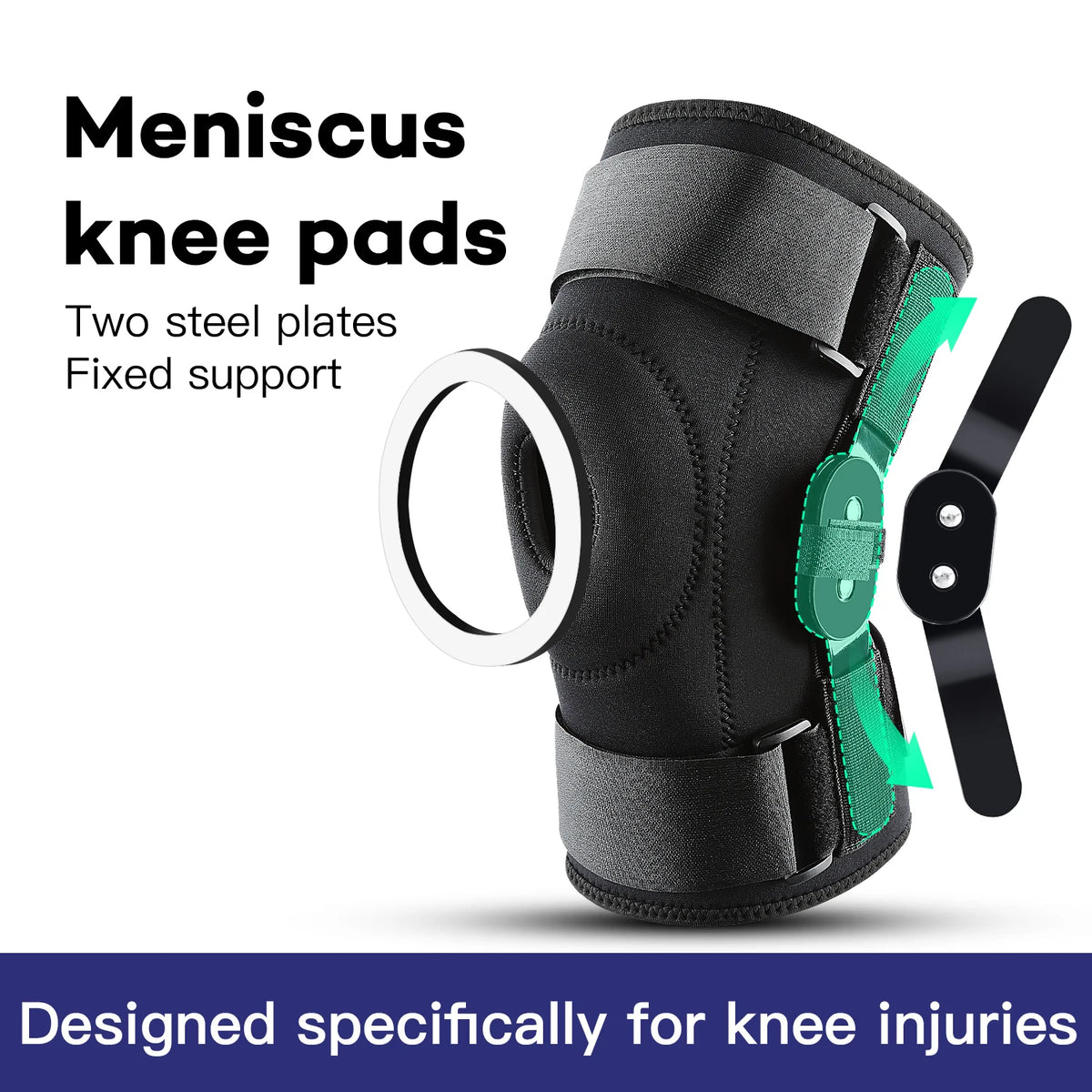 Black meniscus knee pads with two steel plates and fixed support for knee injuries