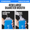 A blue collapsible water bottle with a large mouth design is shown being filled with water and holding ice cubes.