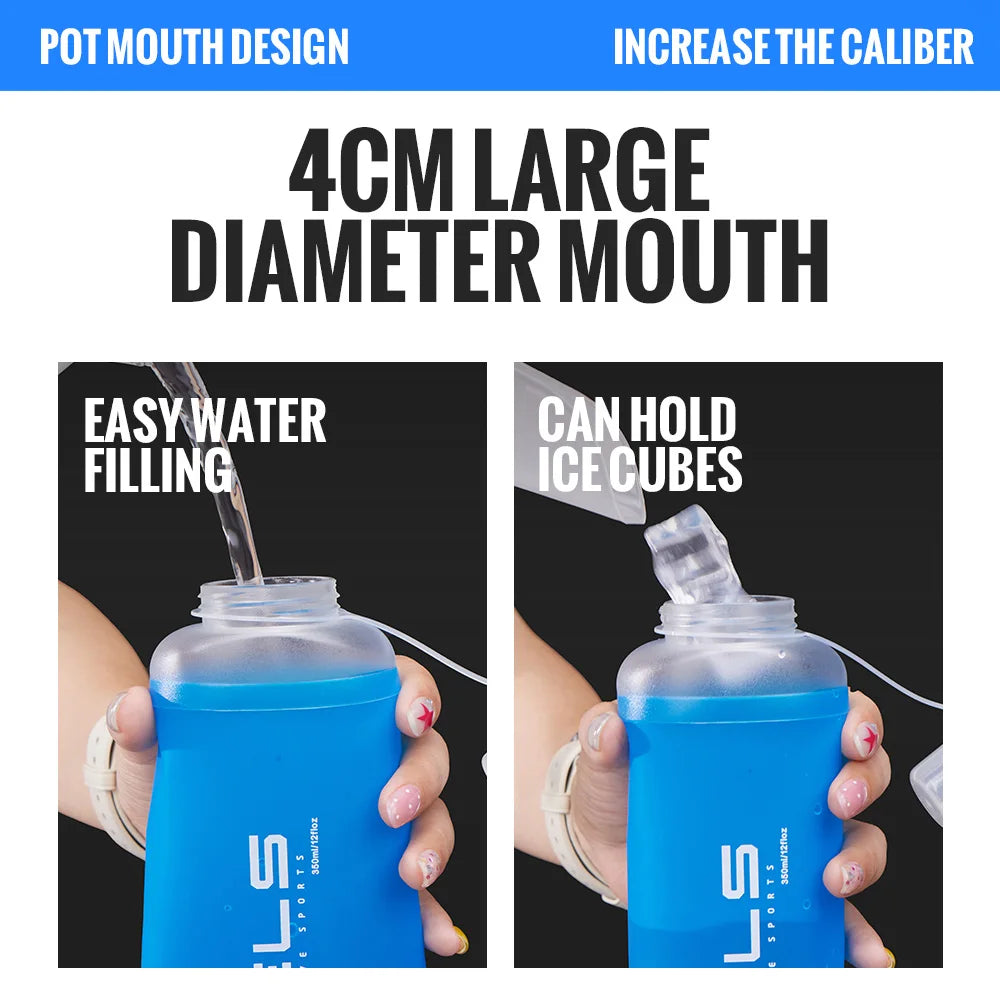 A blue collapsible water bottle with a large mouth design is shown being filled with water and holding ice cubes.