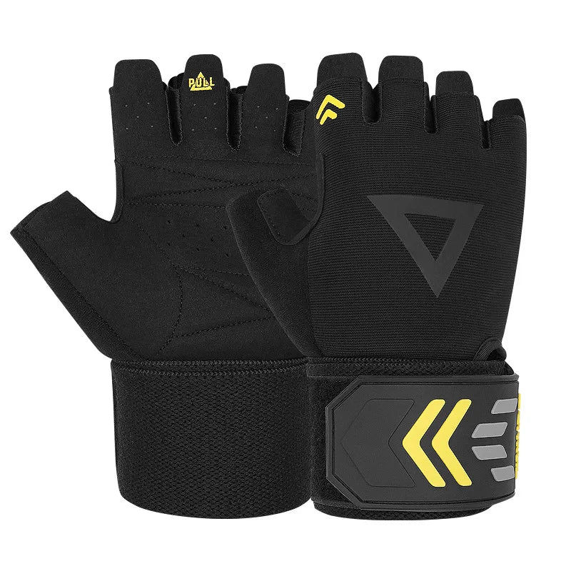 A pair of black heavy-duty weightlifting grips for enhanced grip.