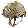 A tactical helmet cover designed for airsoft and paintball, featuring camouflage patterns and protective padding.