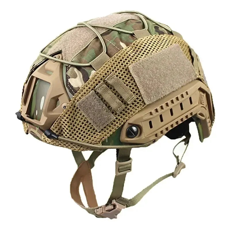 A tactical helmet cover designed for airsoft and paintball, featuring camouflage patterns and protective padding.