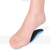 A close-up of a foot wearing black and blue orthopedic EVA arch support insoles.