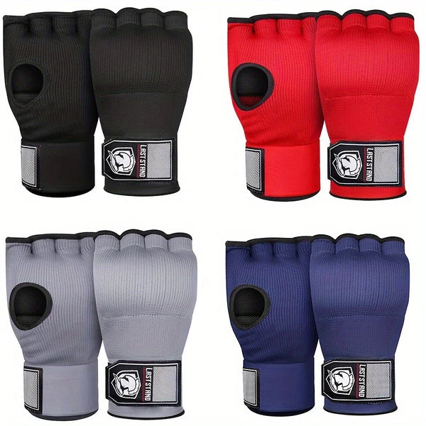 A set of three half finger boxing gloves in black, red, and gray for Muay Thai and MMA training.