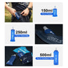 Various sizes of blue silicone water bottles shown being put into pockets or hydration packs for outdoor and fitness use.