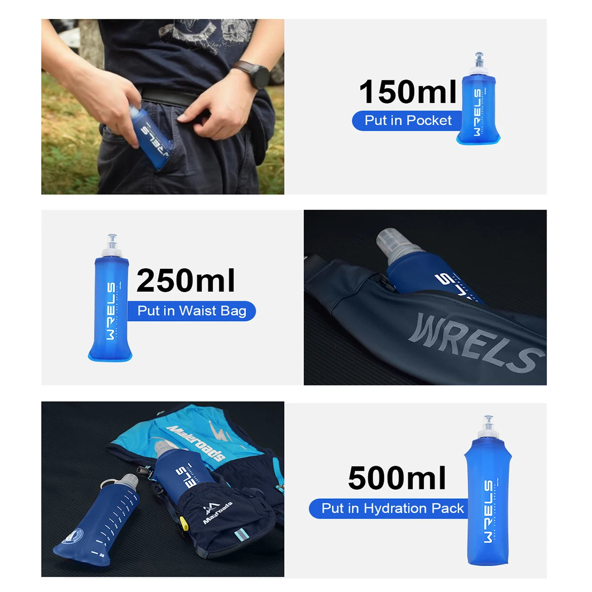 Various sizes of blue silicone water bottles shown being put into pockets or hydration packs for outdoor and fitness use.