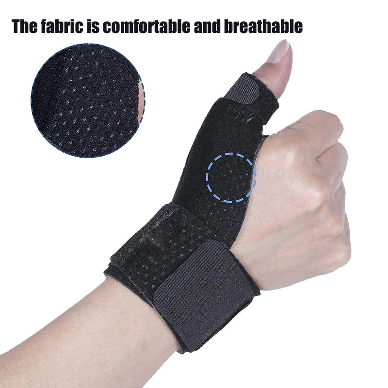 A hand wearing a black wrist brace for thumb pain relief, showing the breathable fabric texture.