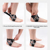 Step-by-step instructions showing how to wear an ultra-thin ankle brace for joint support.