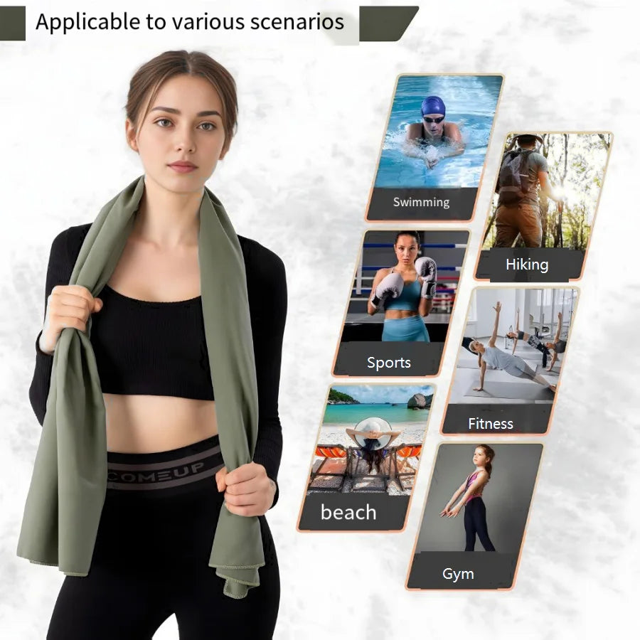 A woman models a green microfiber quick-dry beach towel suitable for various outdoor activities.