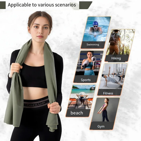A woman models a green microfiber quick-dry beach towel suitable for various outdoor activities.