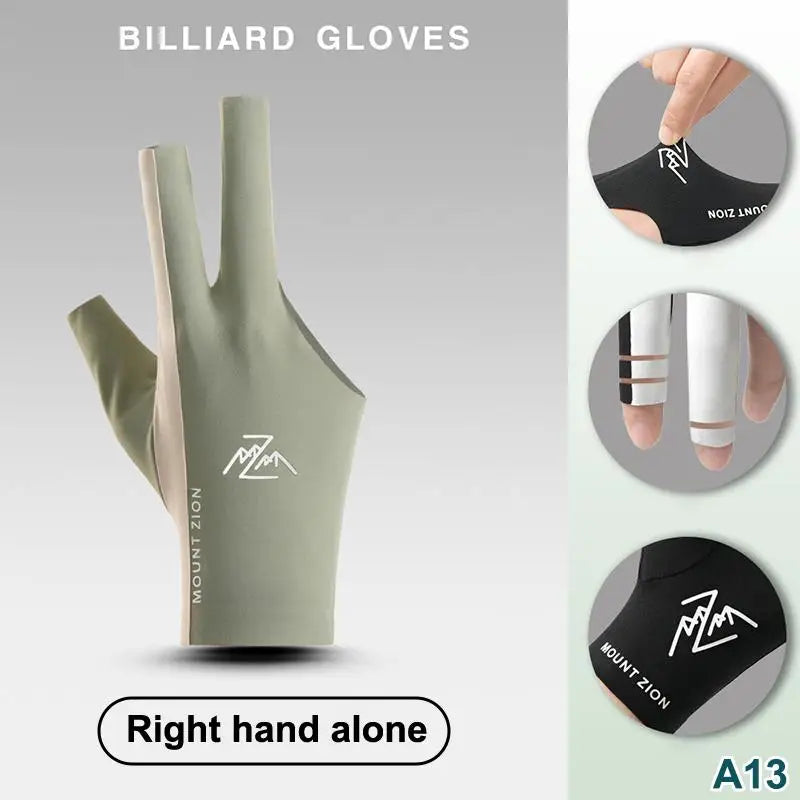 A pair of olive green billiard gloves shown with close-ups of the palm and fingers.