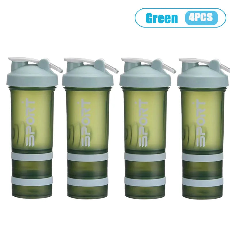 Four green sports shaker bottles with handles and stacked layers