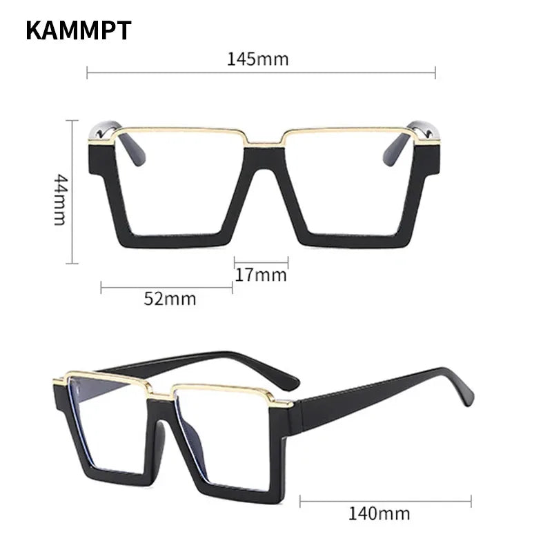 A pair of black and gold square semi-rim metal eyeglasses shown from the front and side.