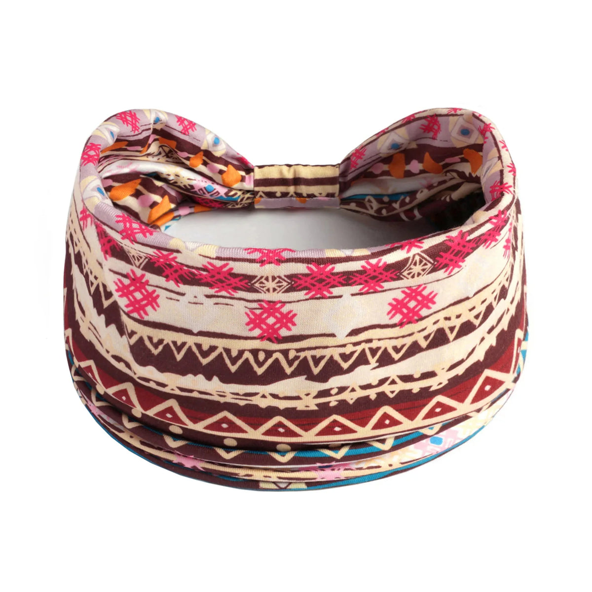 Gemustertes Yoga-Headband mit breitem Rand aus Baumwolle in rosa, orange und braunen geometrischen Designs.