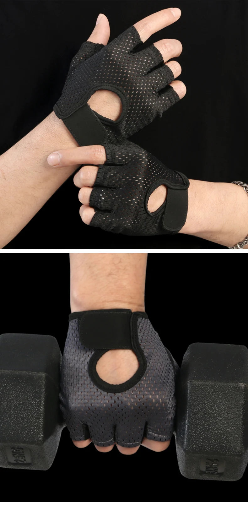 Gants de cyclisme et de fitness noirs, respirants et à séchage rapide, portés sur une main.