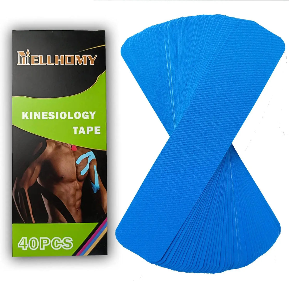 A stack of blue kinesiology tape is shown next to its packaging box.
