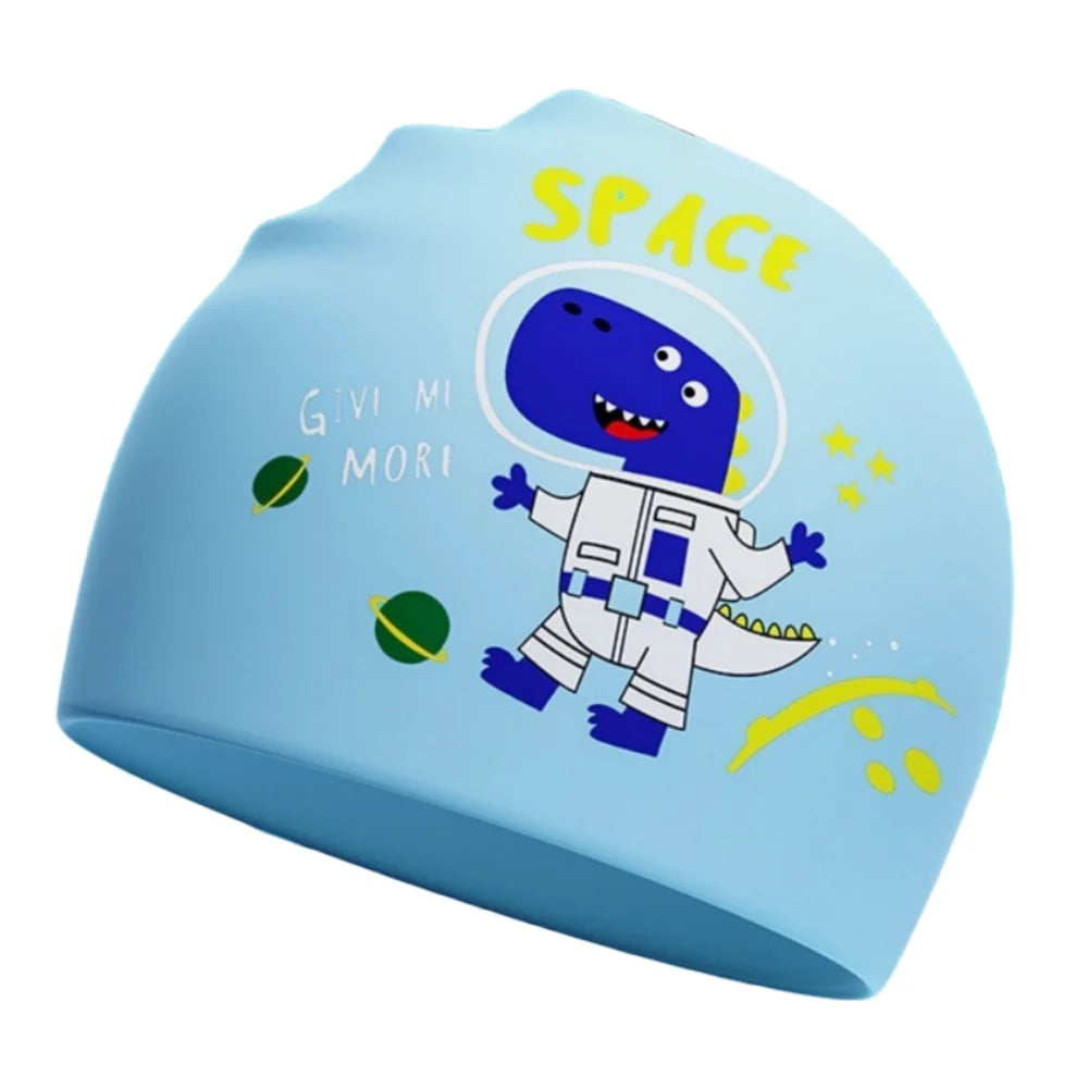 Light blue silicone swimming cap featuring a cartoon blue dinosaur in space