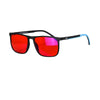 A pair of black frame blue light blocking glasses with vibrant red lenses.