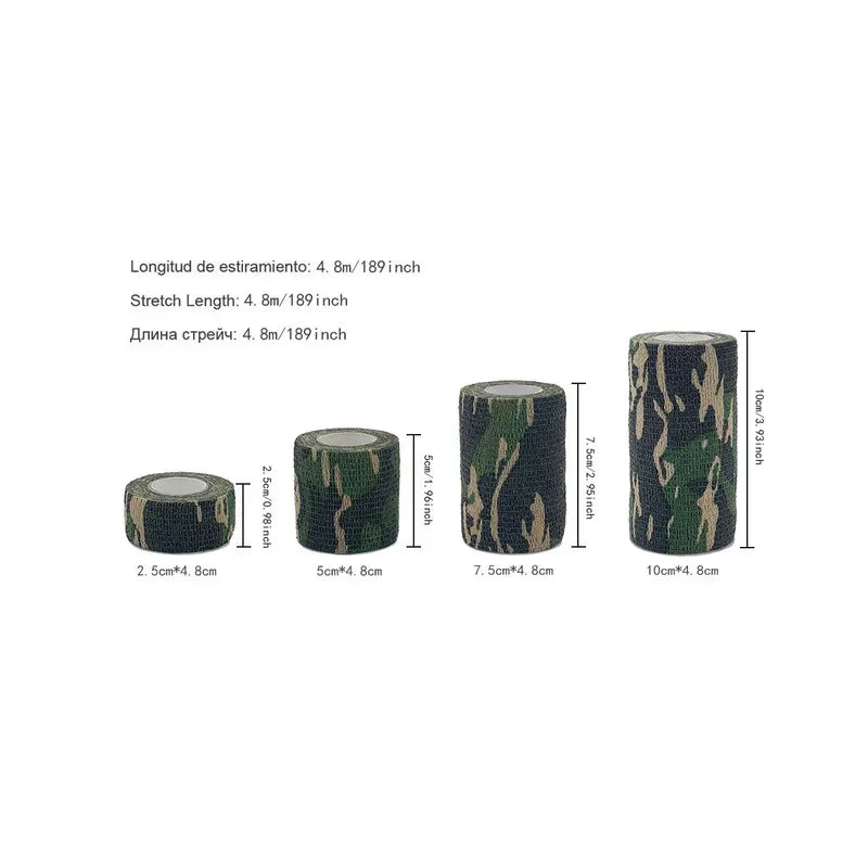Rolls of camouflage elastic wrap tape showing various lengths and widths for joint support.