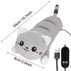 A gray plush cat-shaped heating pad with a switch and power cord.