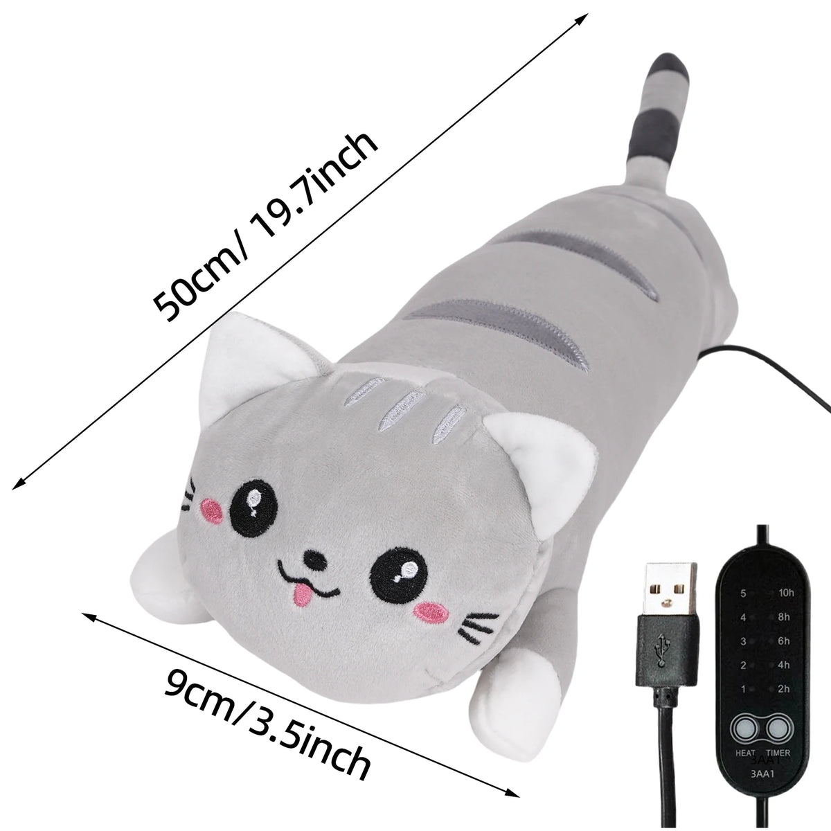 A gray plush cat-shaped heating pad with a switch and power cord.