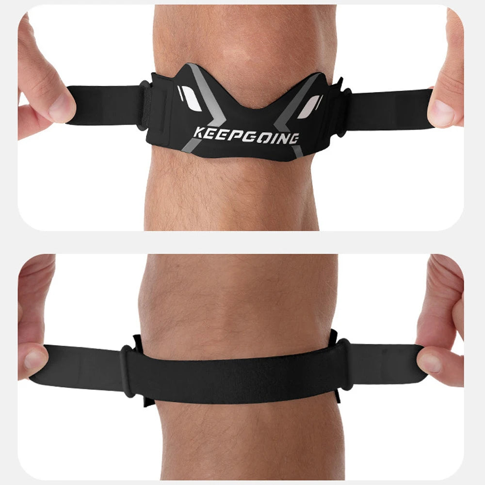 Black knee strap device worn on the lower leg for pain relief and stabilization.