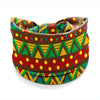 A colorful bohemian stretch cotton headband featuring geometric patterns in green, yellow, red, and brown.