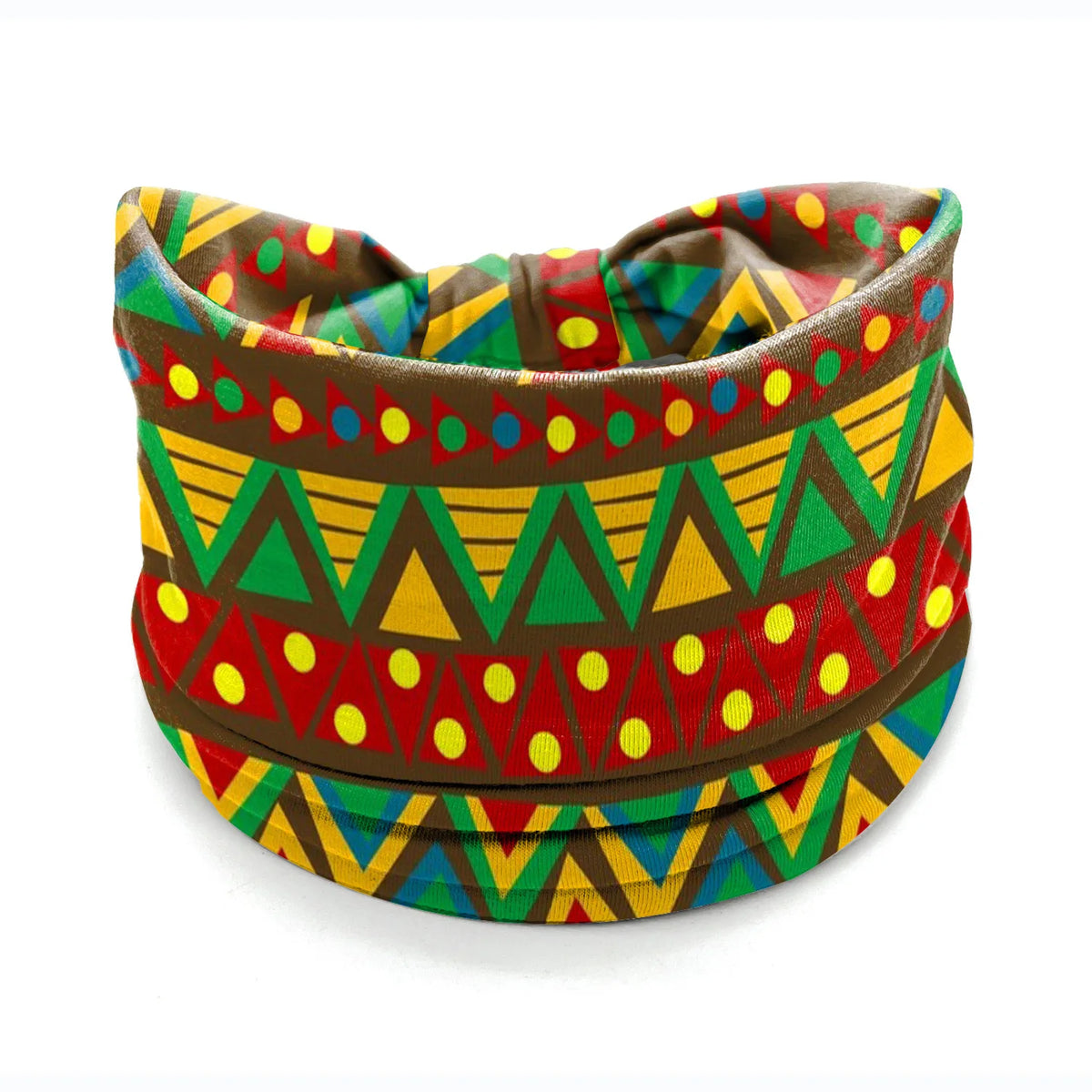 A colorful bohemian stretch cotton headband featuring geometric patterns in green, yellow, red, and brown.