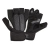 Black fingerless weightlifting gloves with wrist support shown from the palm side.