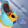 A blue and yellow water bottle lid with a silicone spout, showing instructions for swigging and sipping.