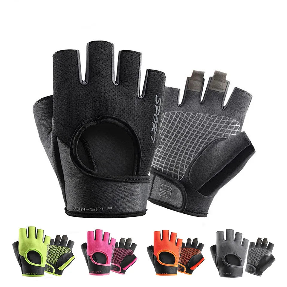 A collection of black and colored cycling and fitness gloves shown in various sizes and styles.