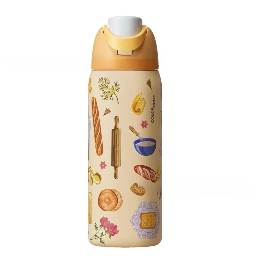 A beige stainless steel vacuum insulated water bottle with a yellow straw cap and food-themed illustrations.