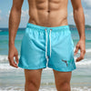 A muscular man wearing light blue quick-drying swim shorts standing near the ocean.
