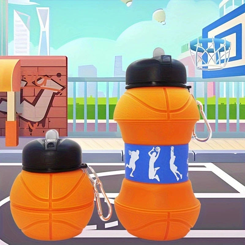 Two orange foldable silicone sports water bottles are displayed outdoors with a cityscape and basketball hoop in the backgrou