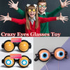A boy and girl wearing funny novelty glasses for a photo, with close-ups of the glasses.