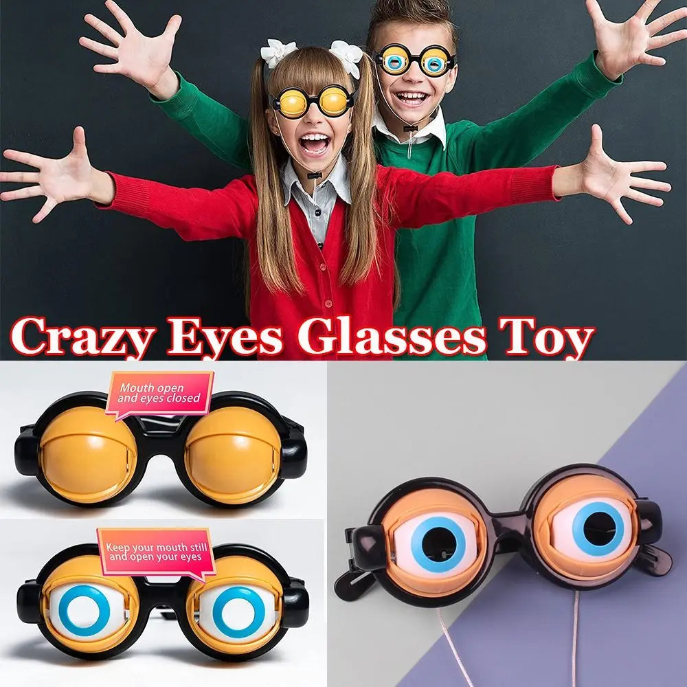 A boy and girl wearing funny novelty glasses for a photo, with close-ups of the glasses.