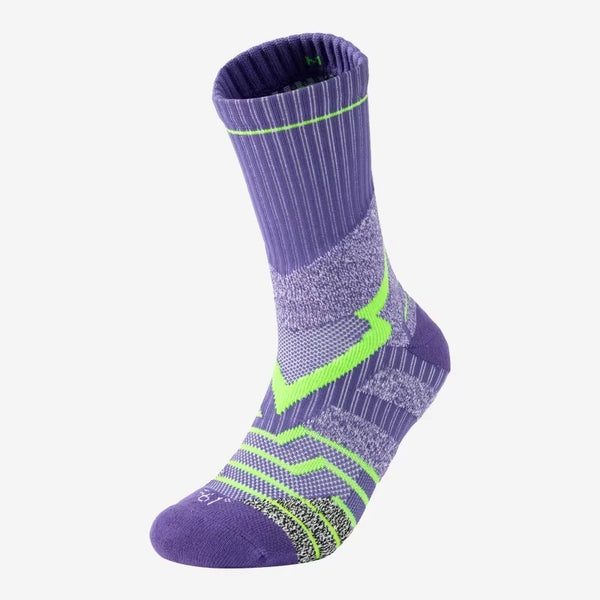 Purple performance basketball running socks with neon green accents