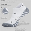 White athletic socks with gray stripes showing features like a heel tab, Y-type heel, breathable material, arch support, and 