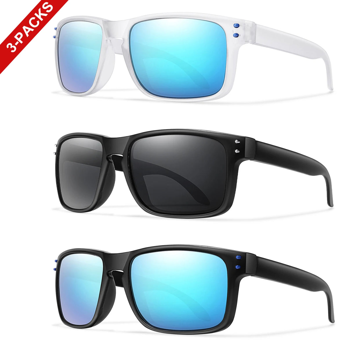 Three pairs of polarized UV400 sunglasses shown in white and black frames.